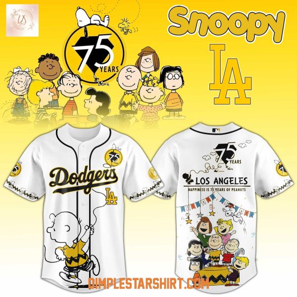 Los Angeles Dodgers Happiness 75 Years Of Peanuts White Baseball Jersey