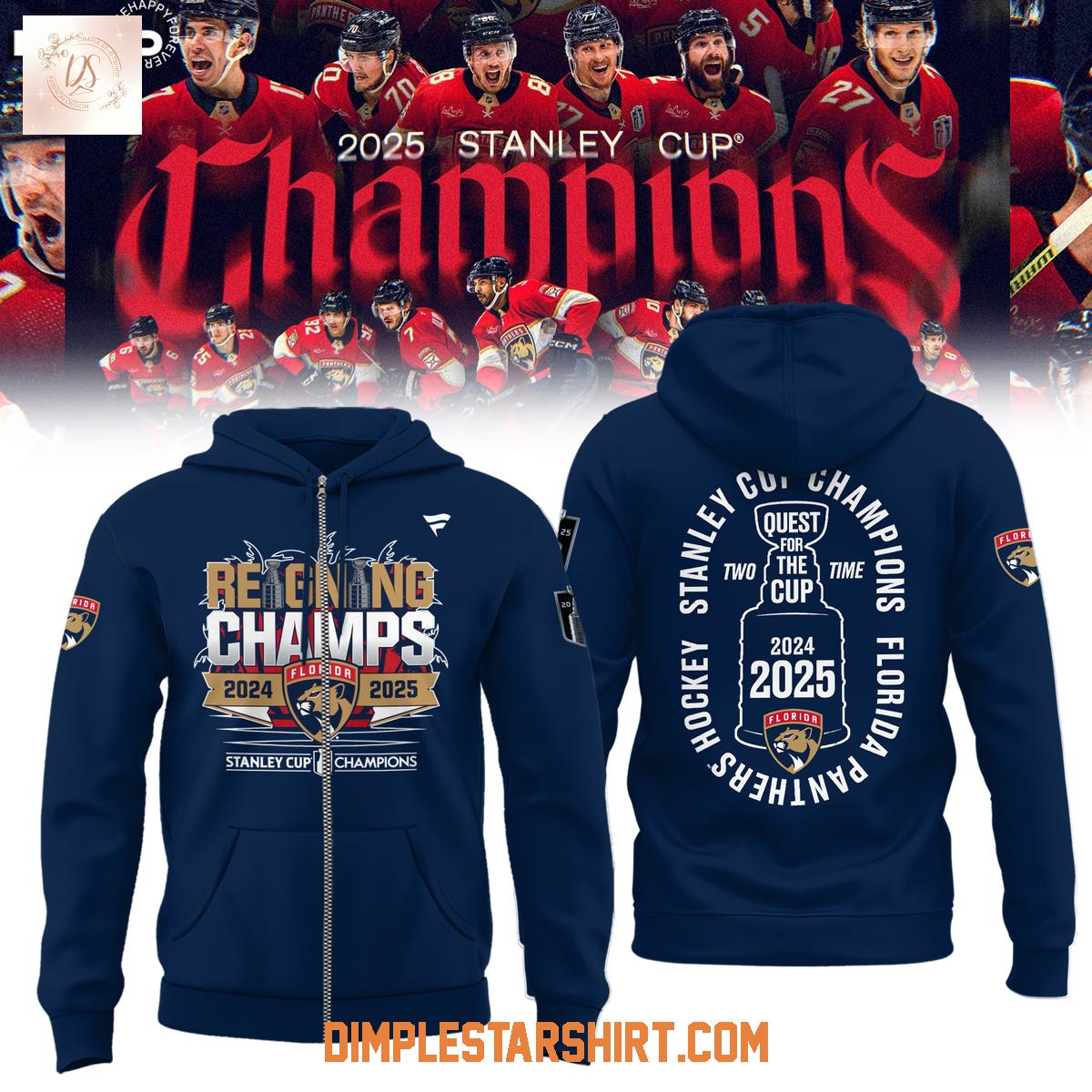 Reigning Champions Stanley Cup Florida Panthers Two Time Quest For The Cup Blue Hoodie Shirt Reigning Champions Stanley Cup Florida Panthers Two Time Quest For The Cup Blue Hoodie Shirt