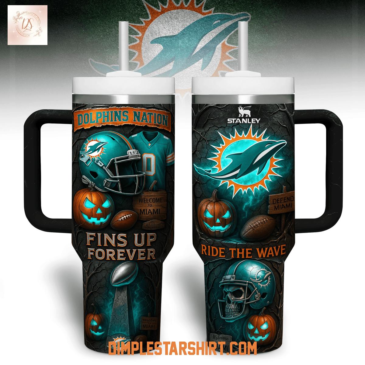 Miami Dolphins Fins Up Forever Halloween Stanley Tumbler 40oz Miami Dolphins Fins Up Forever Halloween Stanley Tumbler 40oz