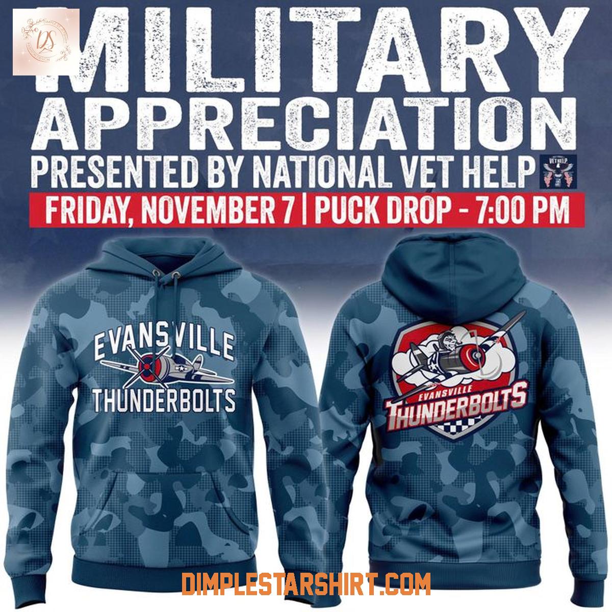 Evansville Thunderbolts Military Appreciation Night 2025 Hoodie Shirt Evansville Thunderbolts Military Appreciation Night 2025 Hoodie Shirt