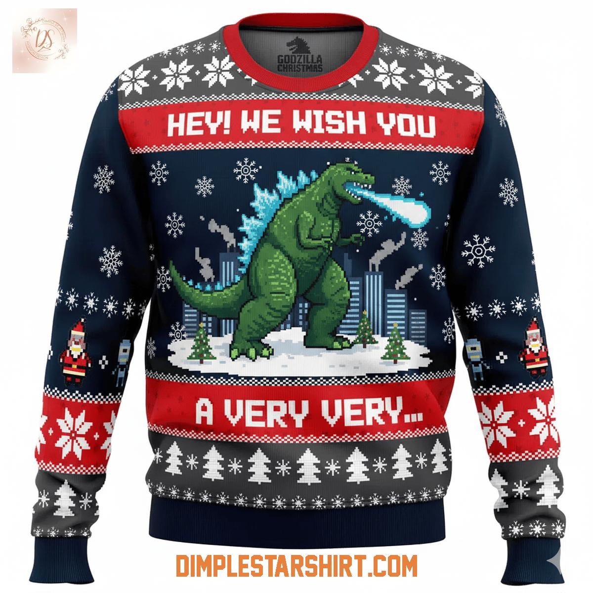 Godzilla We Wish You Christmas Ugly Sweater Godzilla We Wish You Christmas Ugly Sweater