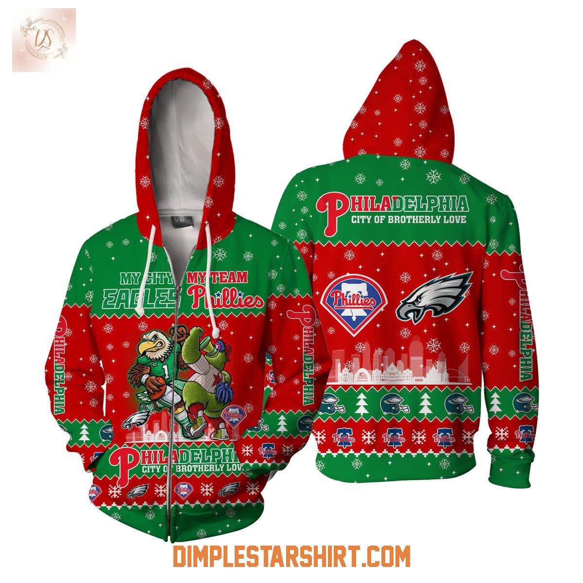 Philadelphia Eagles And Phillies City Of Brotherly Love Ugly Sweater Philadelphia Eagles And Phillies City Of Brotherly Love Ugly Sweater