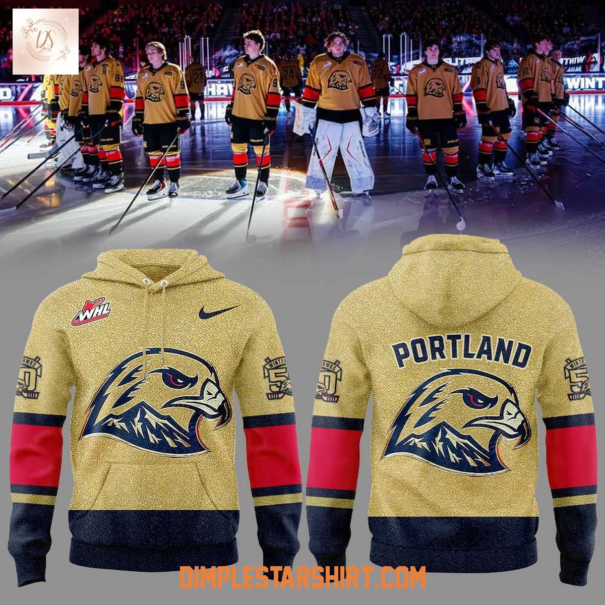 Portland Winterhawks 50th Anniversary Golden Uniform Hoodie Shirt Portland Winterhawks 50th Anniversary Golden Uniform Hoodie Shirt