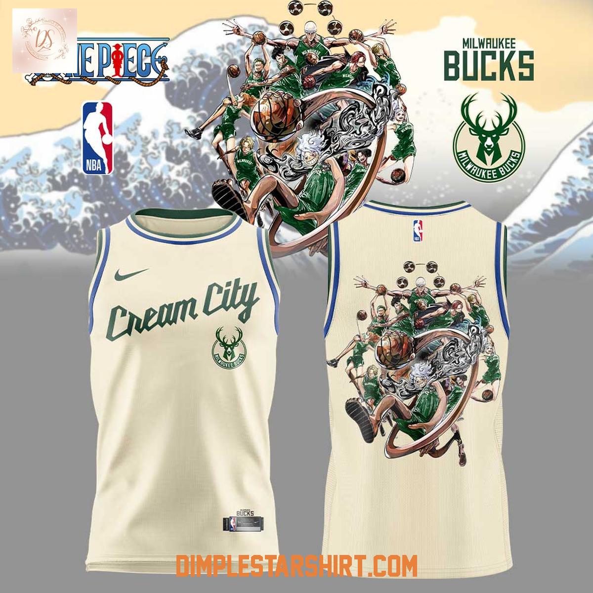 Milwaukee Bucks Cream City x One Piece Collab Basketball Jersey Milwaukee Bucks Cream City x One Piece Collab Basketball Jersey