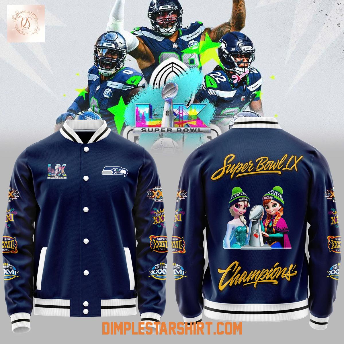 Seattle Seahawks x Elsa Super Bowl LX Champions Baseball Jacket Seattle Seahawks x Elsa Super Bowl LX Champions Baseball Jacket
