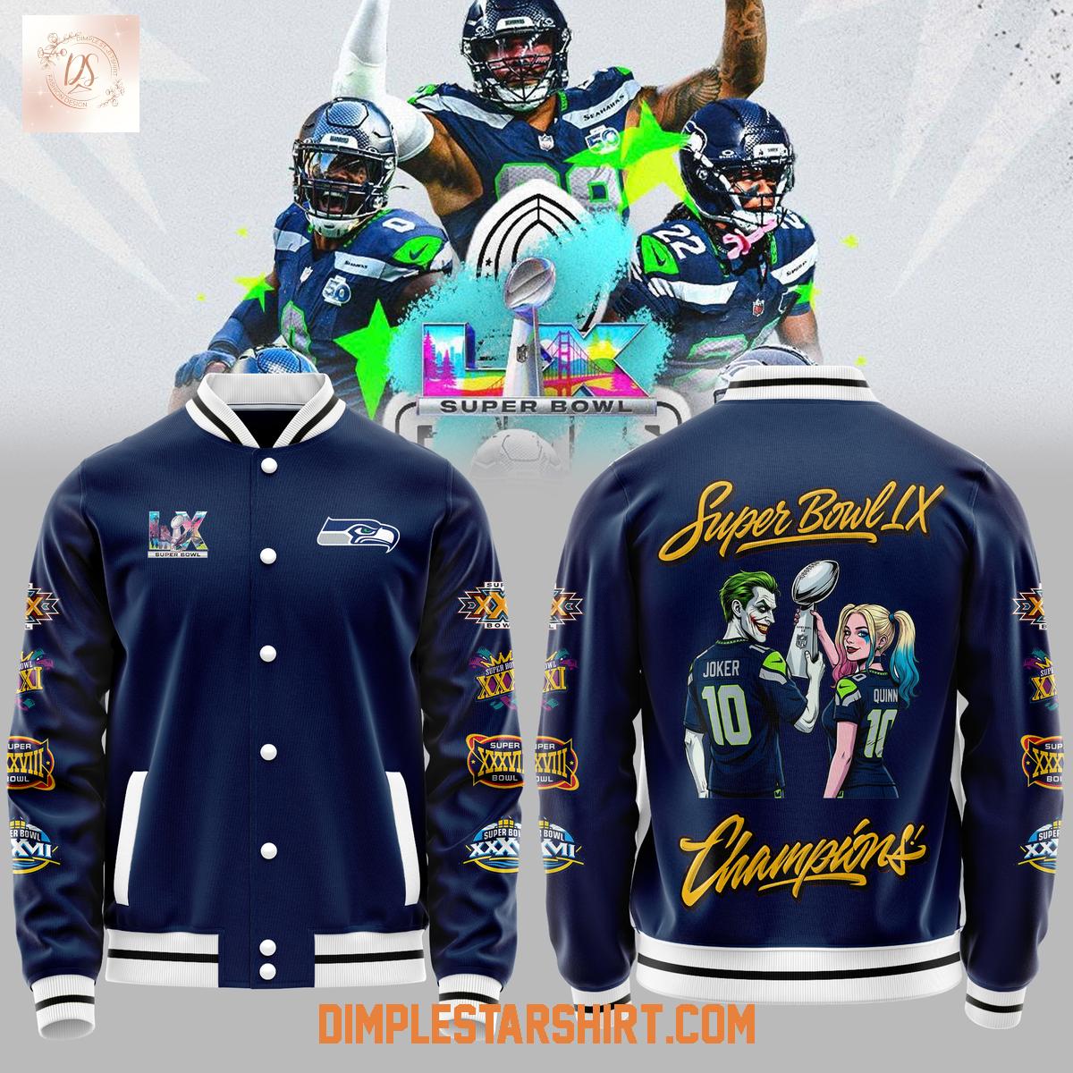 Seattle Seahawks x Joker Quinn Super Bowl LX Champions Baseball Jacket Seattle Seahawks x Joker Quinn Super Bowl LX Champions Baseball Jacket