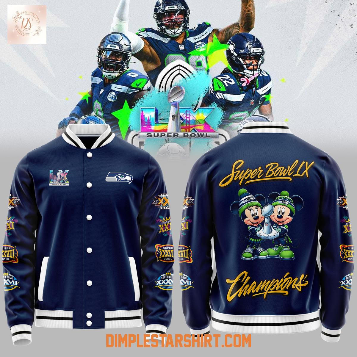 Seattle Seahawks x Mickey Mouse Super Bowl LX Champions Baseball Jacket Seattle Seahawks x Mickey Mouse Super Bowl LX Champions Baseball Jacket